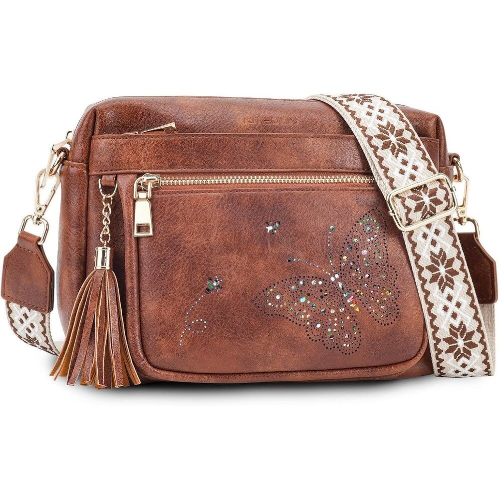 Women’s 04-brown Leather Purse Crossbody Bag Handbags Butterfly Design